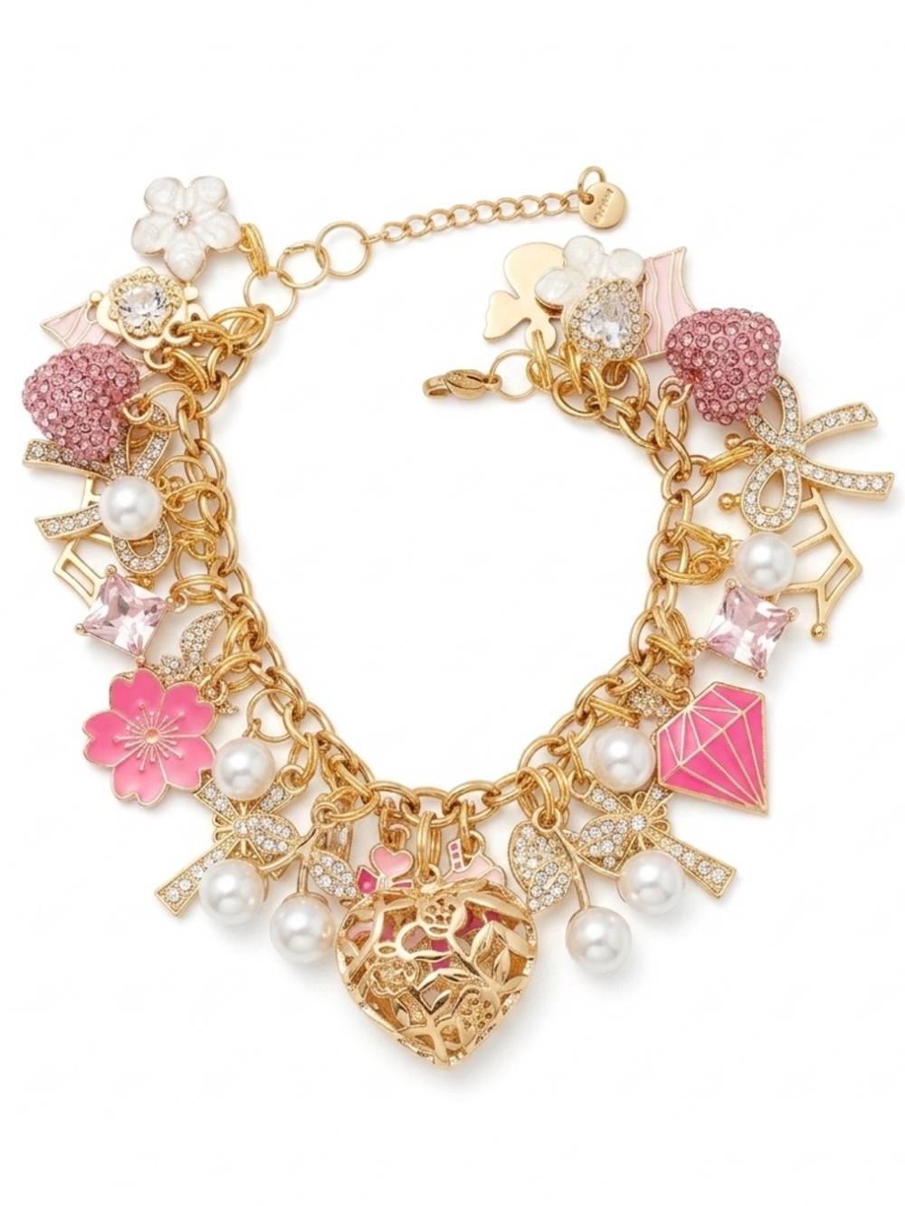 Gold Charm Bracelet with Pink Accents and Pearls - Picture 5 of 5